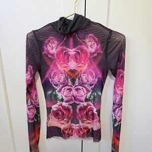 AFRM Pink Rose Print Mesh Long-Sleeve Top